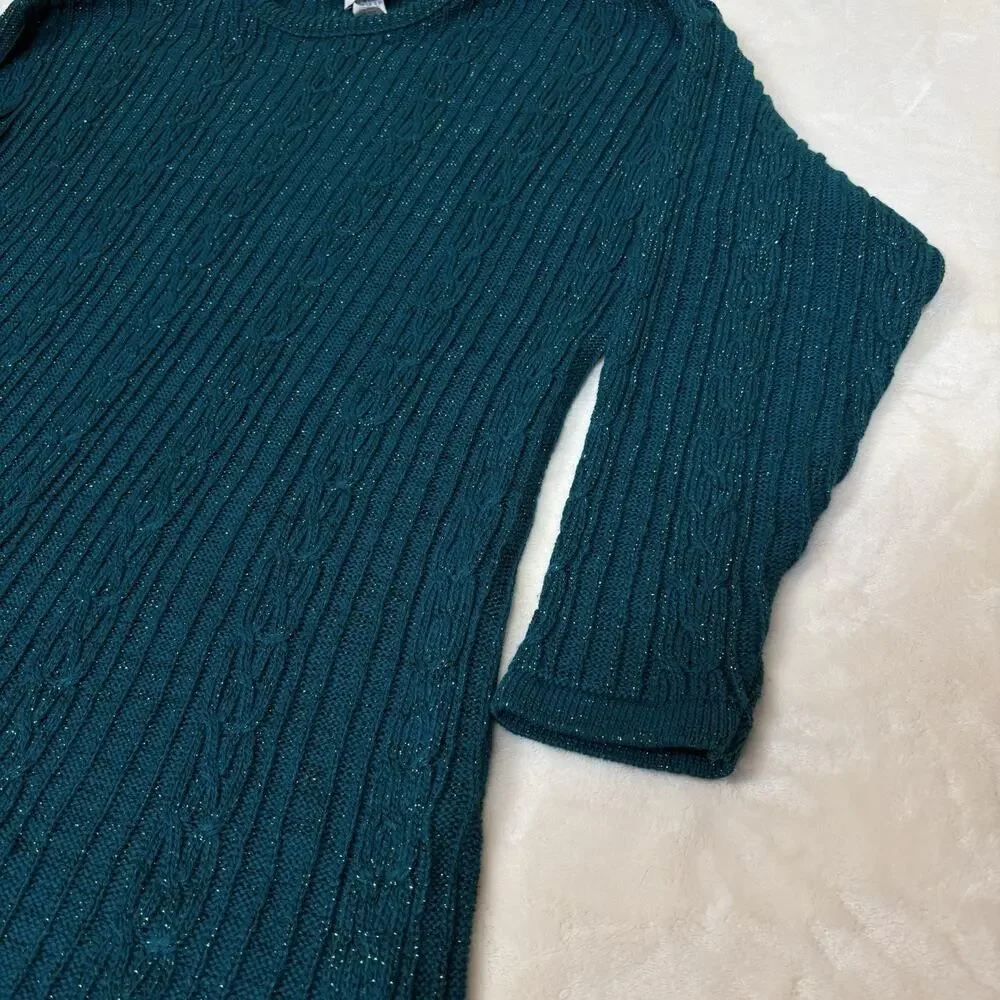 Vintage Diane Von Furstenburg Teal Green Metallic Cable Knit Sweater Womens 1X2\